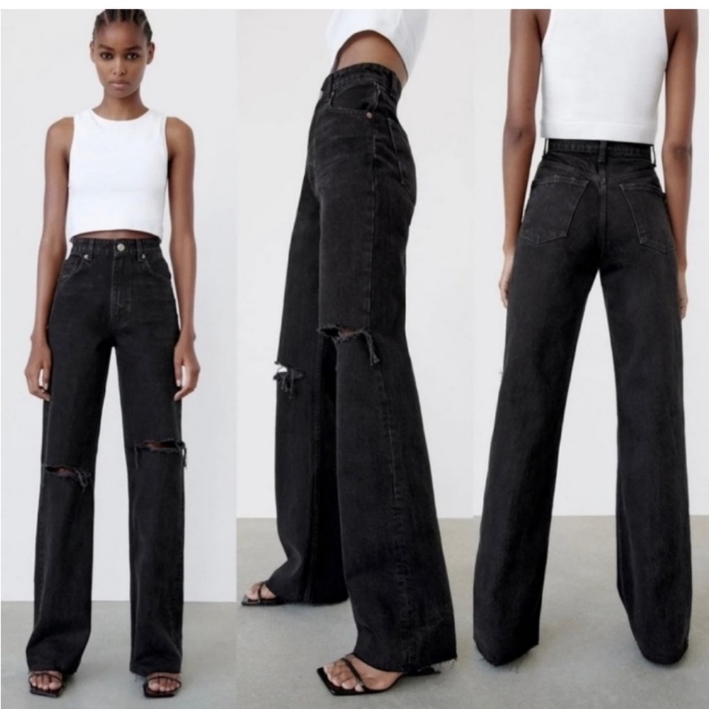 Zara Distressed Wide Leg Jeans Black Size 12 100% Cotton